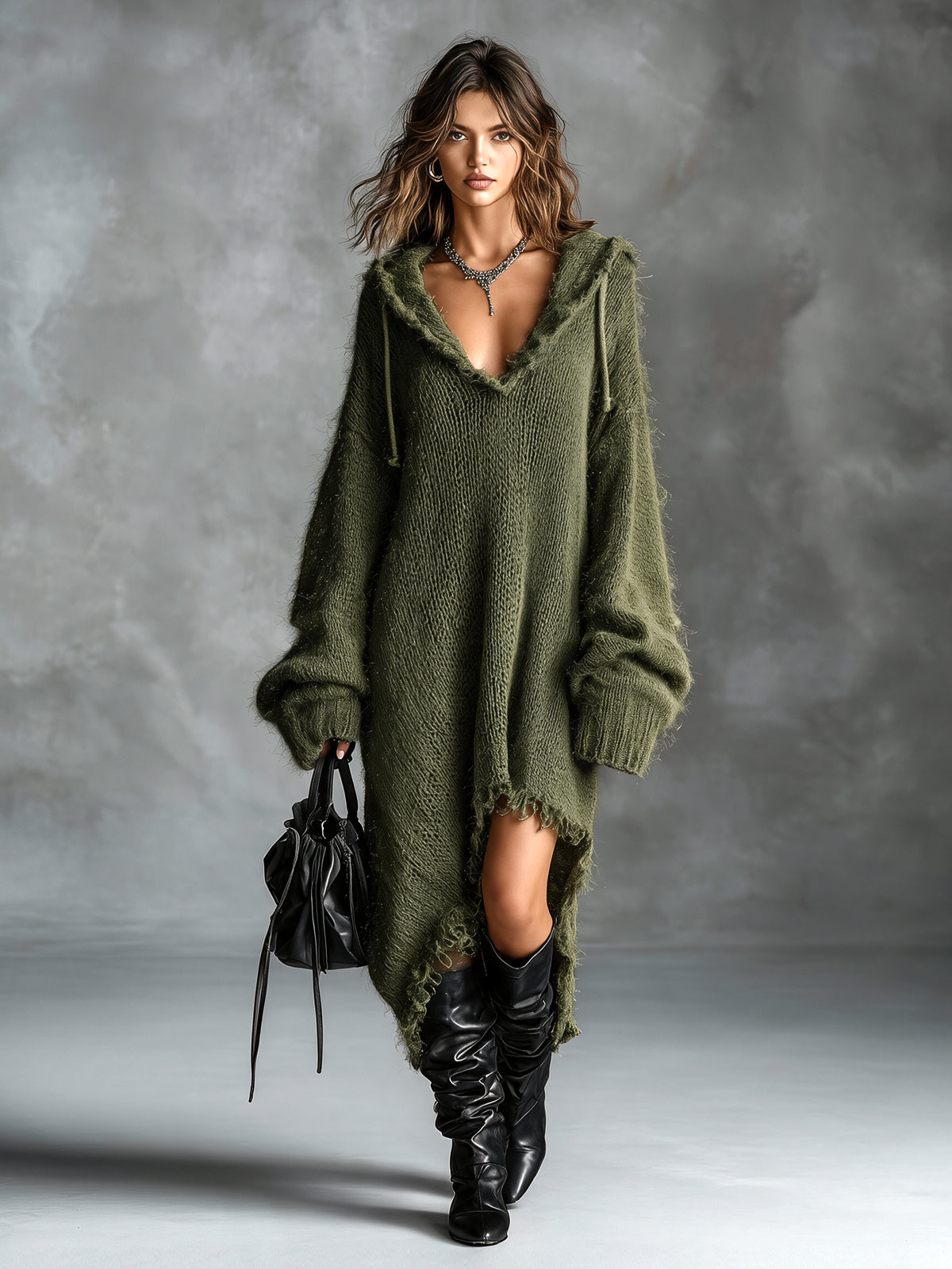 Ines Paris | Robe pull midi femme maille peluche à capuche oversize