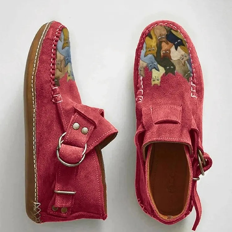 Mocassins femme imprimé chat à enfiler, bout rond et talon bas