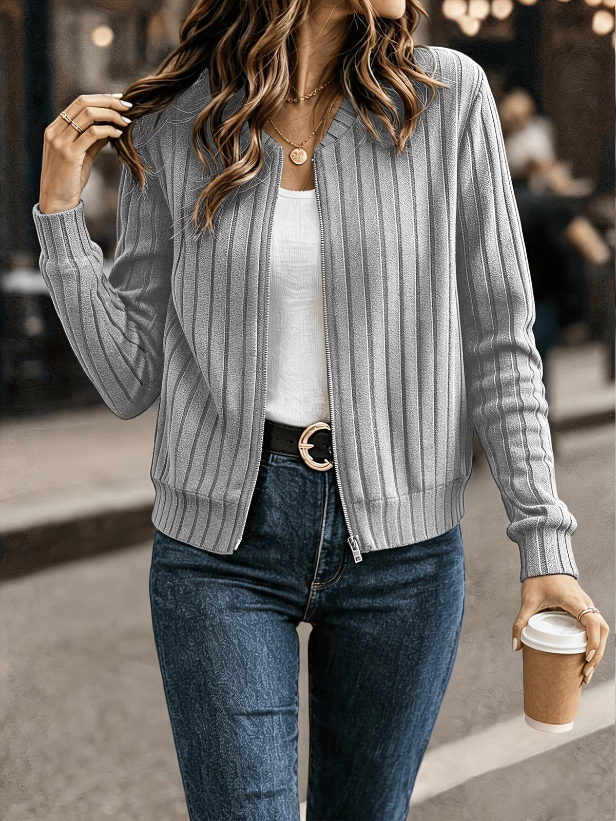 Gilet femme côtelé zippé, maille à manches longues