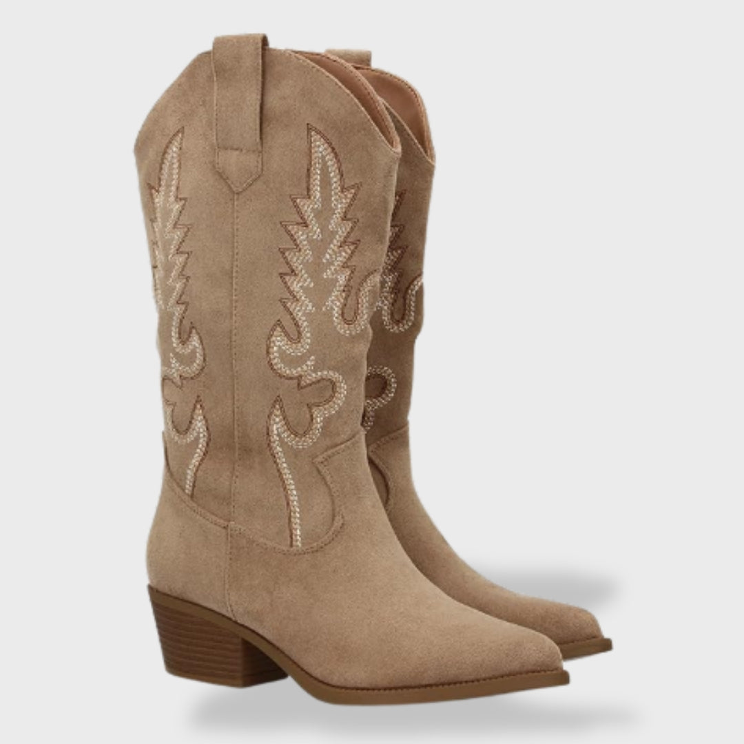 Ines Paris | Bottes Cowboy Femme Brodées Effet Daim Talon Bas
