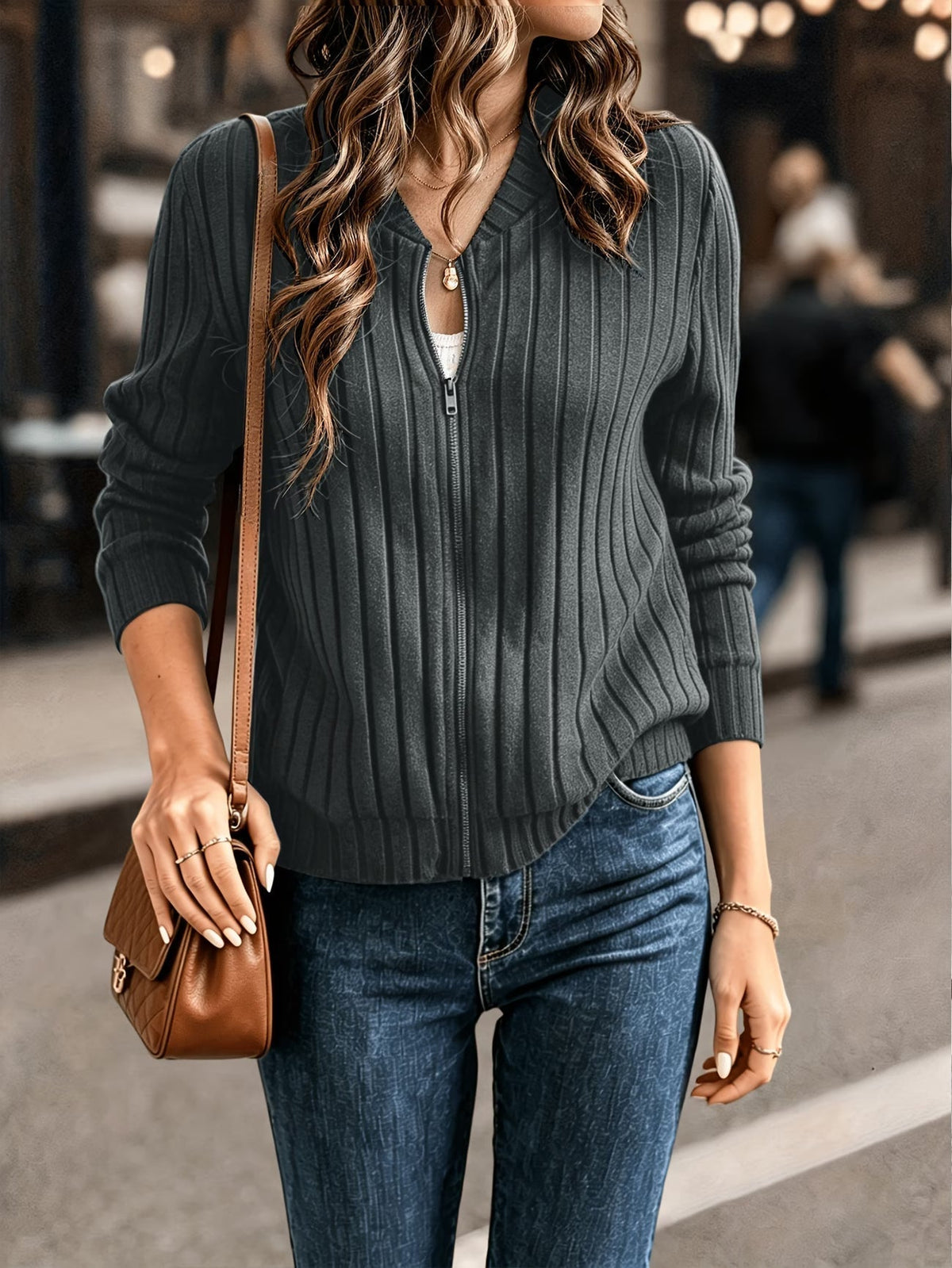 Gilet femme côtelé zippé, maille à manches longues
