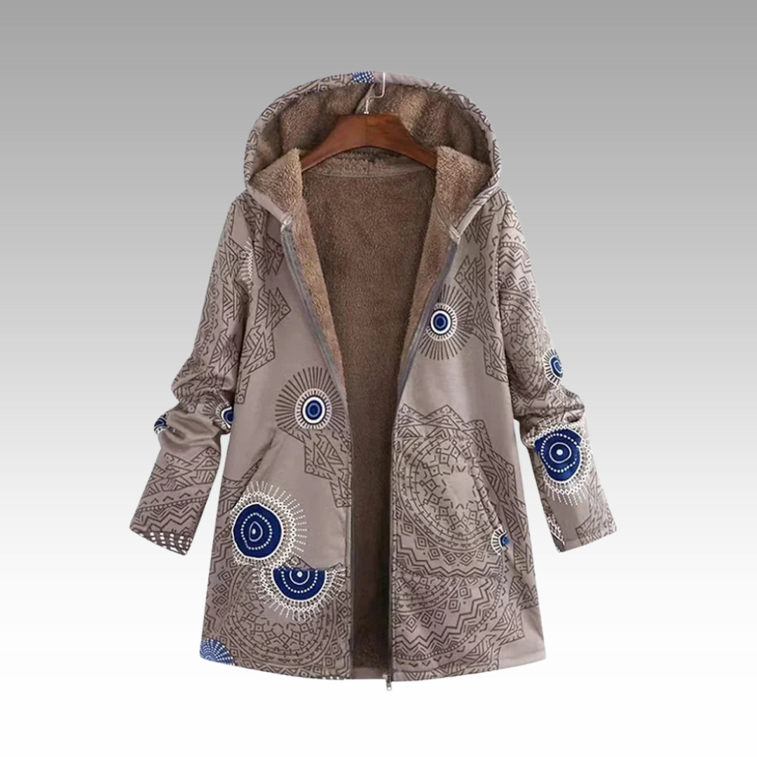 Ines Paris | Veste longue femme imprimé bohème, capuche doublée peluche