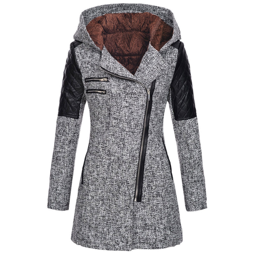 Ines Paris | Manteau d'hiver femme à capuche, zip asymétrique et empiècements effet cuir