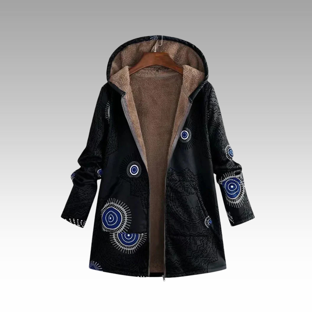 Ines Paris | Veste longue femme imprimé bohème, capuche doublée peluche