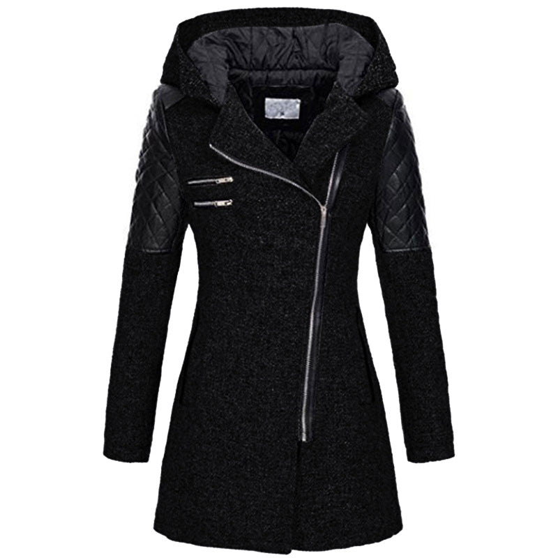 Ines Paris | Manteau d'hiver femme à capuche, zip asymétrique et empiècements effet cuir