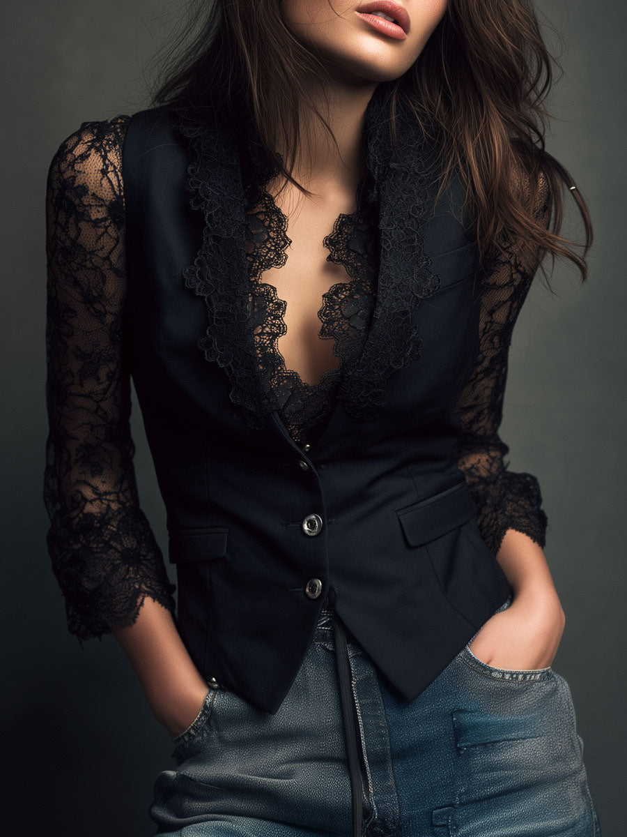 Ines Paris | Haut Style Blazer Femme Manches Semi-Transparentes