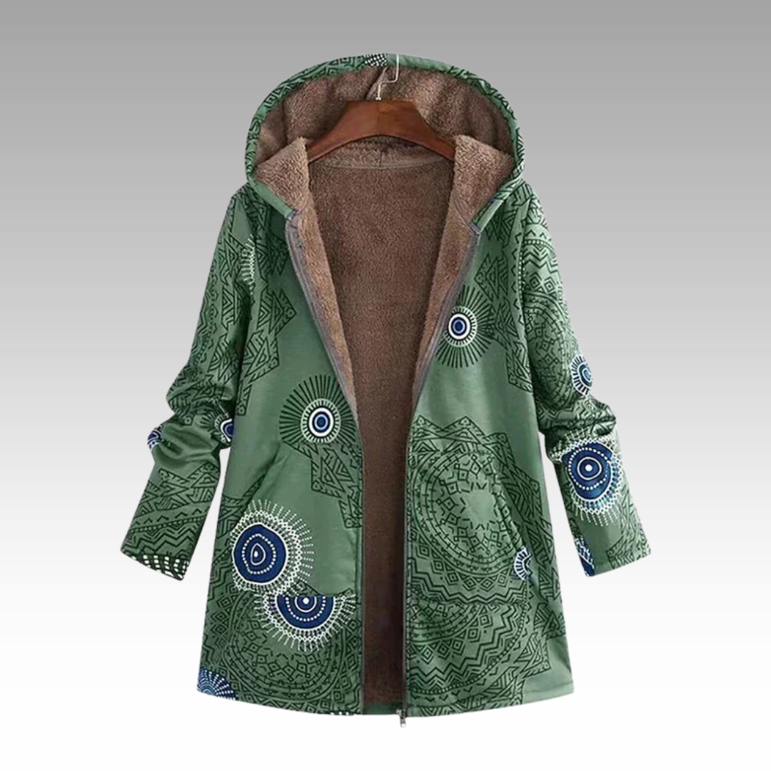 Ines Paris | Veste longue femme imprimé bohème, capuche doublée peluche