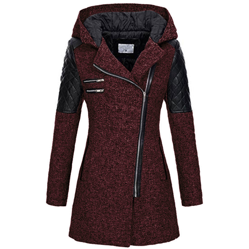 Ines Paris | Manteau d'hiver femme à capuche, zip asymétrique et empiècements effet cuir