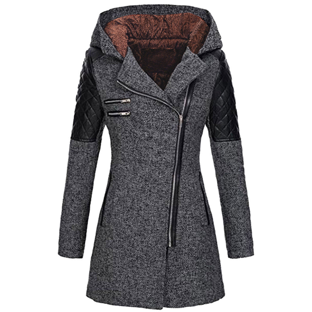 Ines Paris | Manteau d'hiver femme à capuche, zip asymétrique et empiècements effet cuir