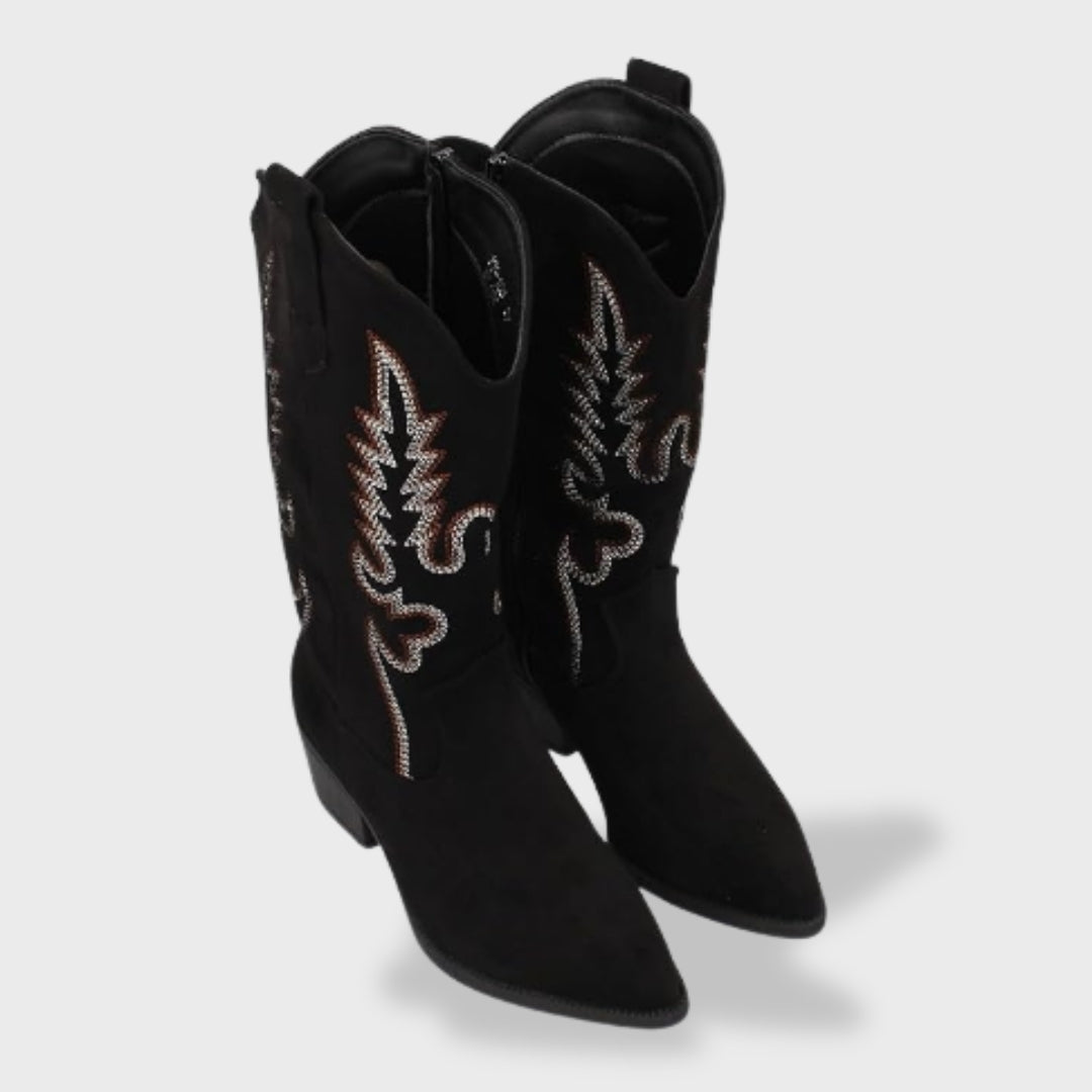 Ines Paris | Bottes Cowboy Femme Brodées Effet Daim Talon Bas