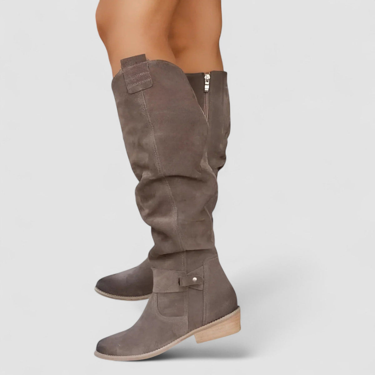 Bottes hautes femme effet daim petit talon zip
