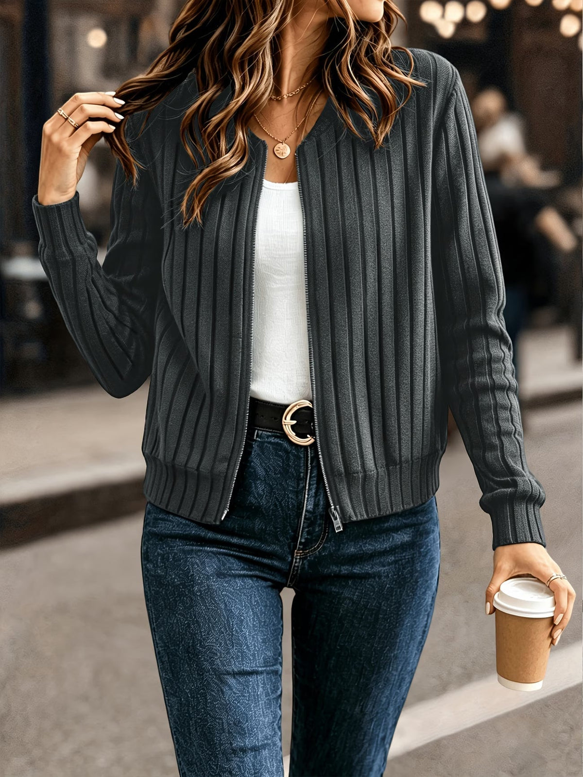 Gilet femme côtelé zippé, maille à manches longues