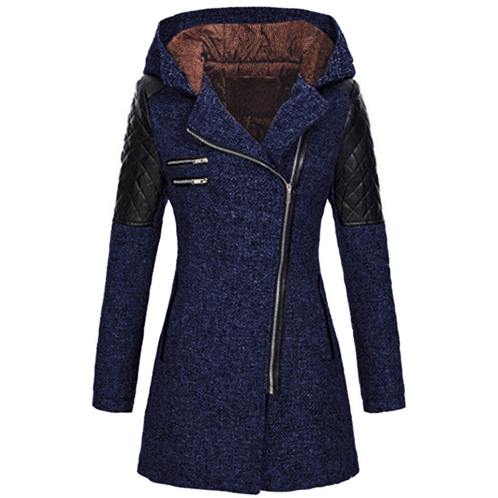 Ines Paris | Manteau d'hiver femme à capuche, zip asymétrique et empiècements effet cuir