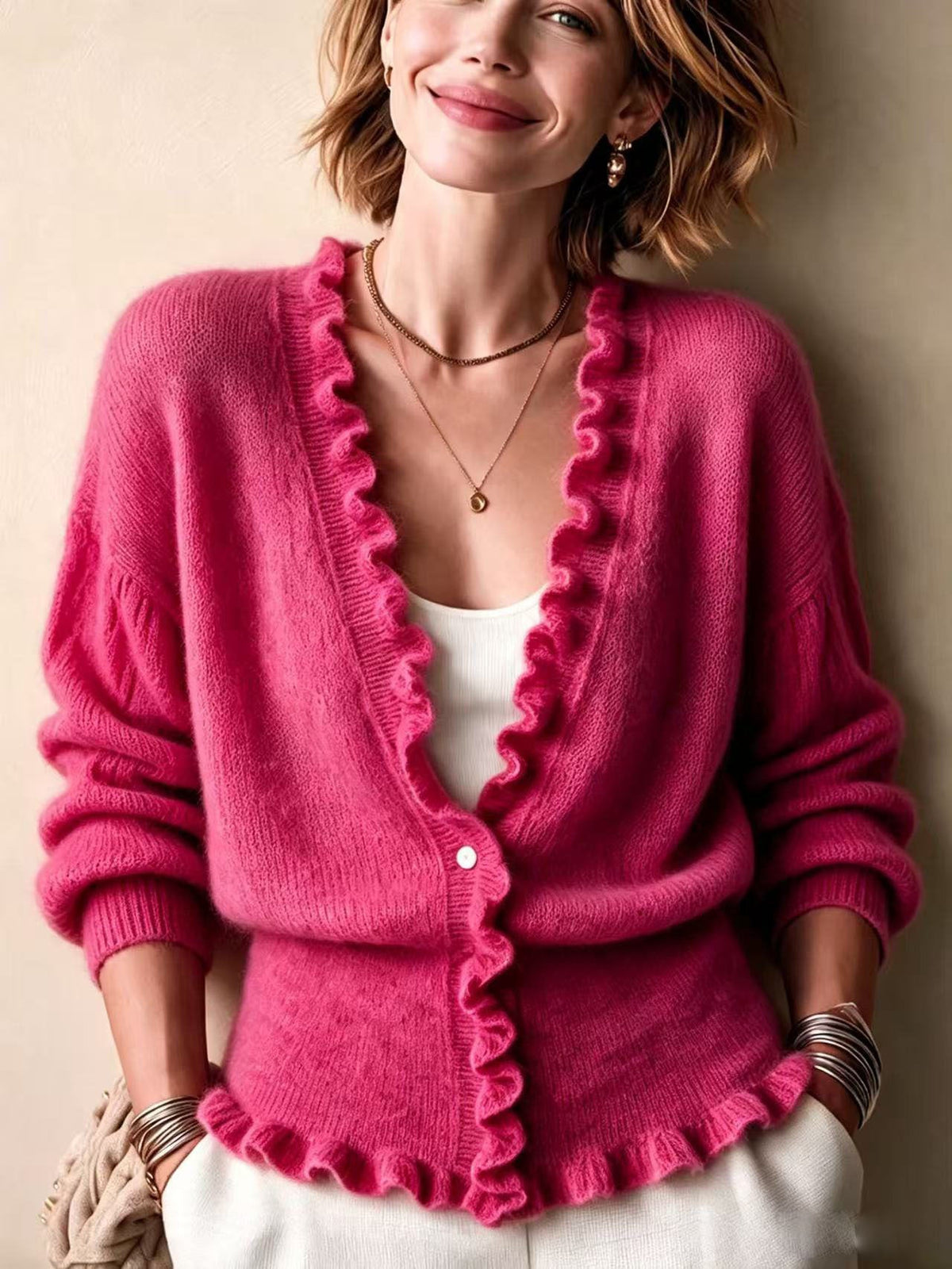 Ines Paris | Cardigan Femme Col V Boutonné – Ourlet à Volants