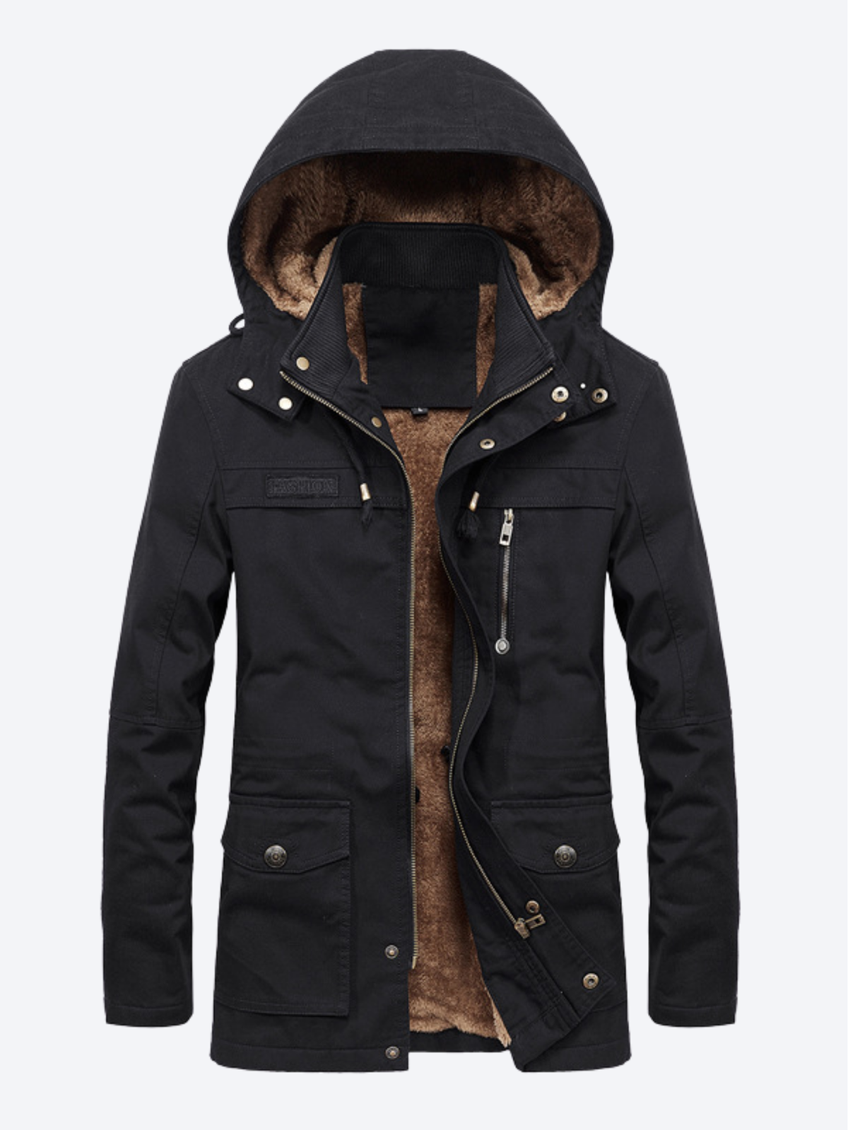 Veste à capuche homme, zip et boutons, poches multiples
