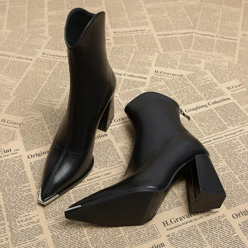 Bottines femme bout pointu à talon épais, zip arrière