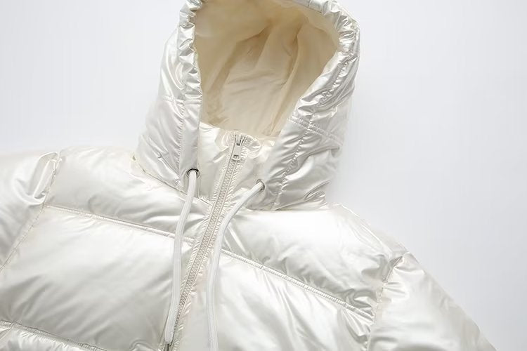 Doudoune brillante femme matelassée, capuche à cordon