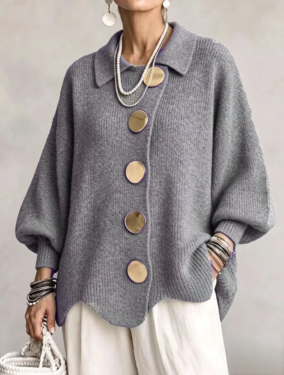 Ines Paris | Cardigan oversize femme gros boutons dorés