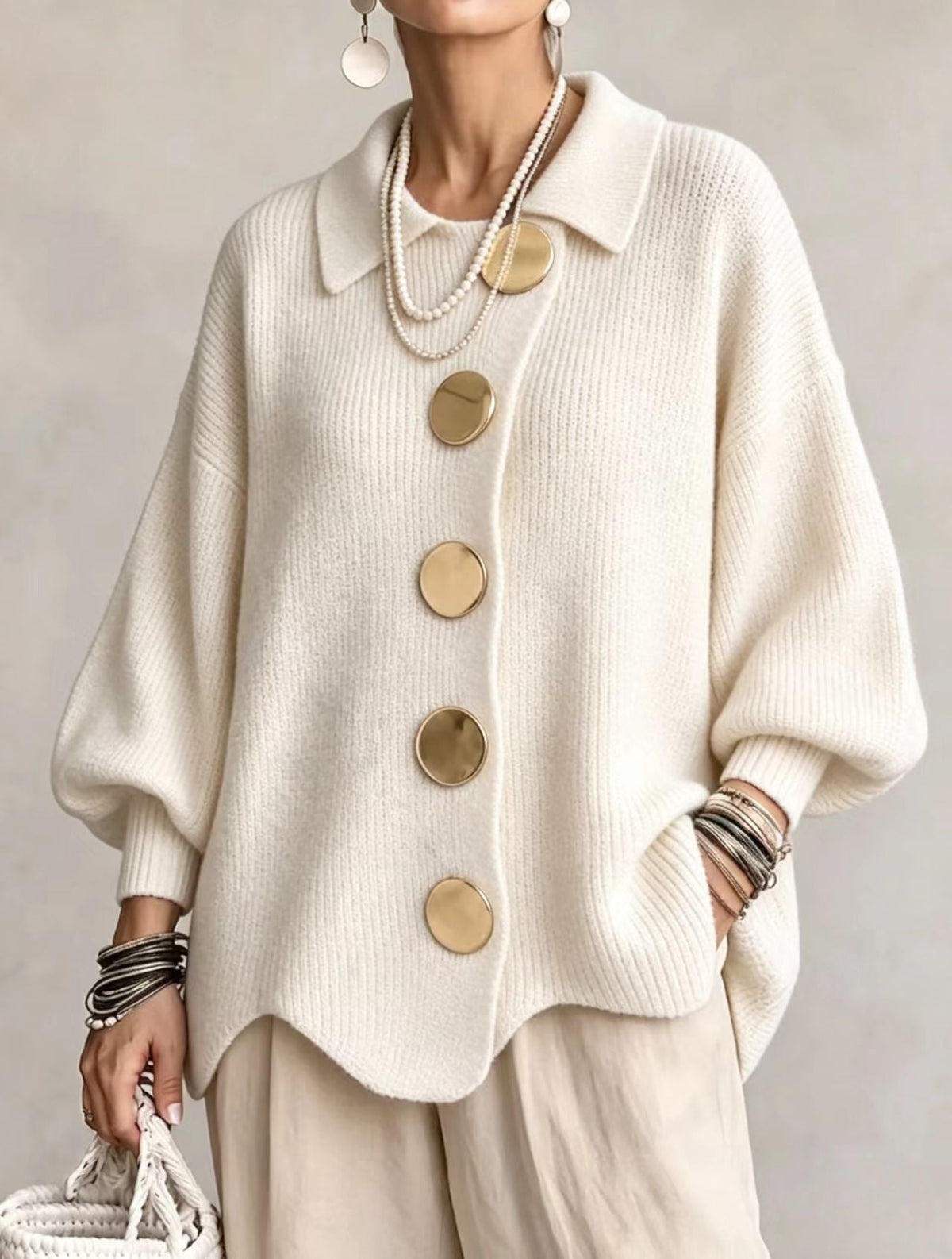 Ines Paris | Cardigan oversize femme gros boutons dorés