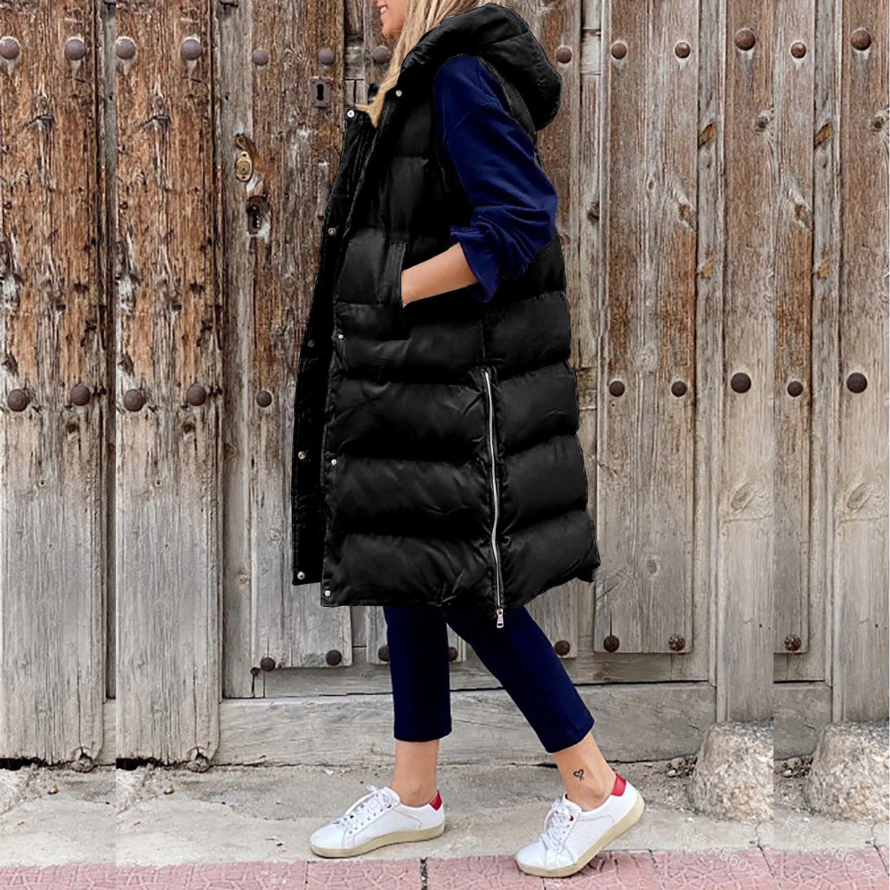 Doudoune sans manches longue femme à capuche, oversize