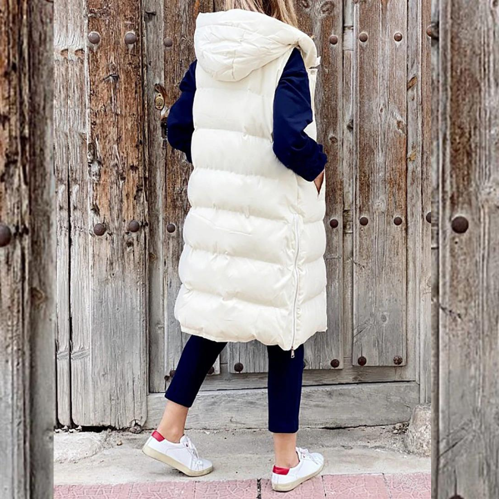 Doudoune sans manches longue femme à capuche, oversize