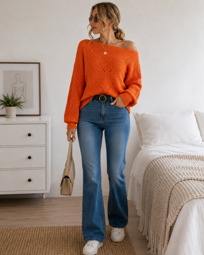 Ines Paris | Pull en Maille Ajourée Femme – Col Asymétrique Épaule Dénudée