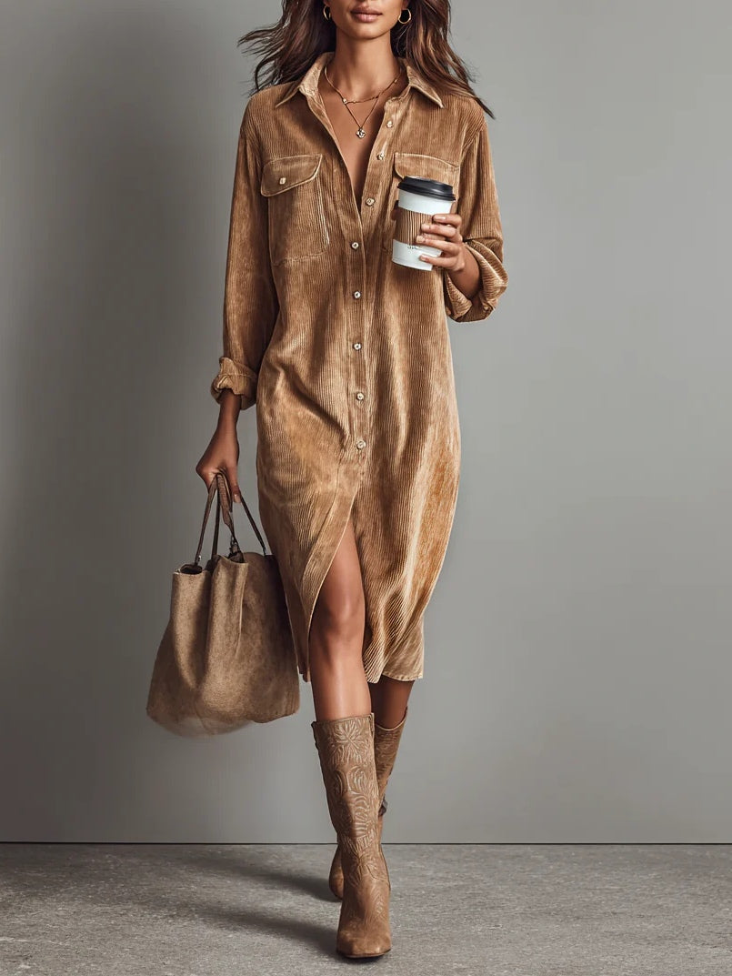 Ines Paris | Robe Midi Femme Côtelée Effet Velours à Poches