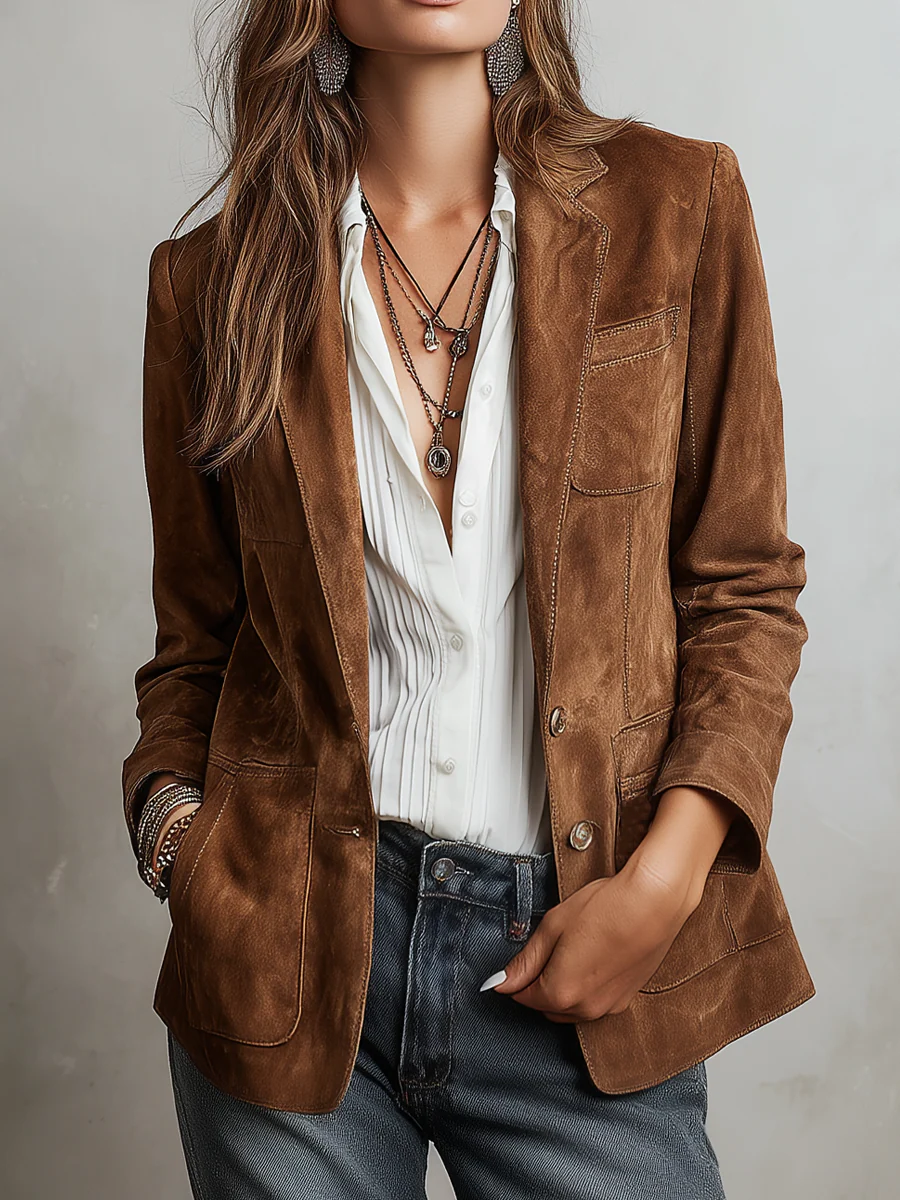 Ines Paris | Blazer femme marron vintage à surpiqûres contrastantes