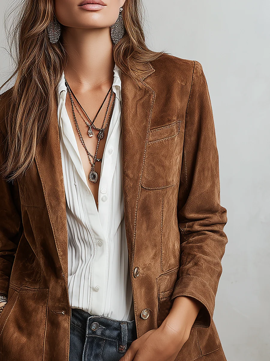 Ines Paris | Blazer femme marron vintage à surpiqûres contrastantes