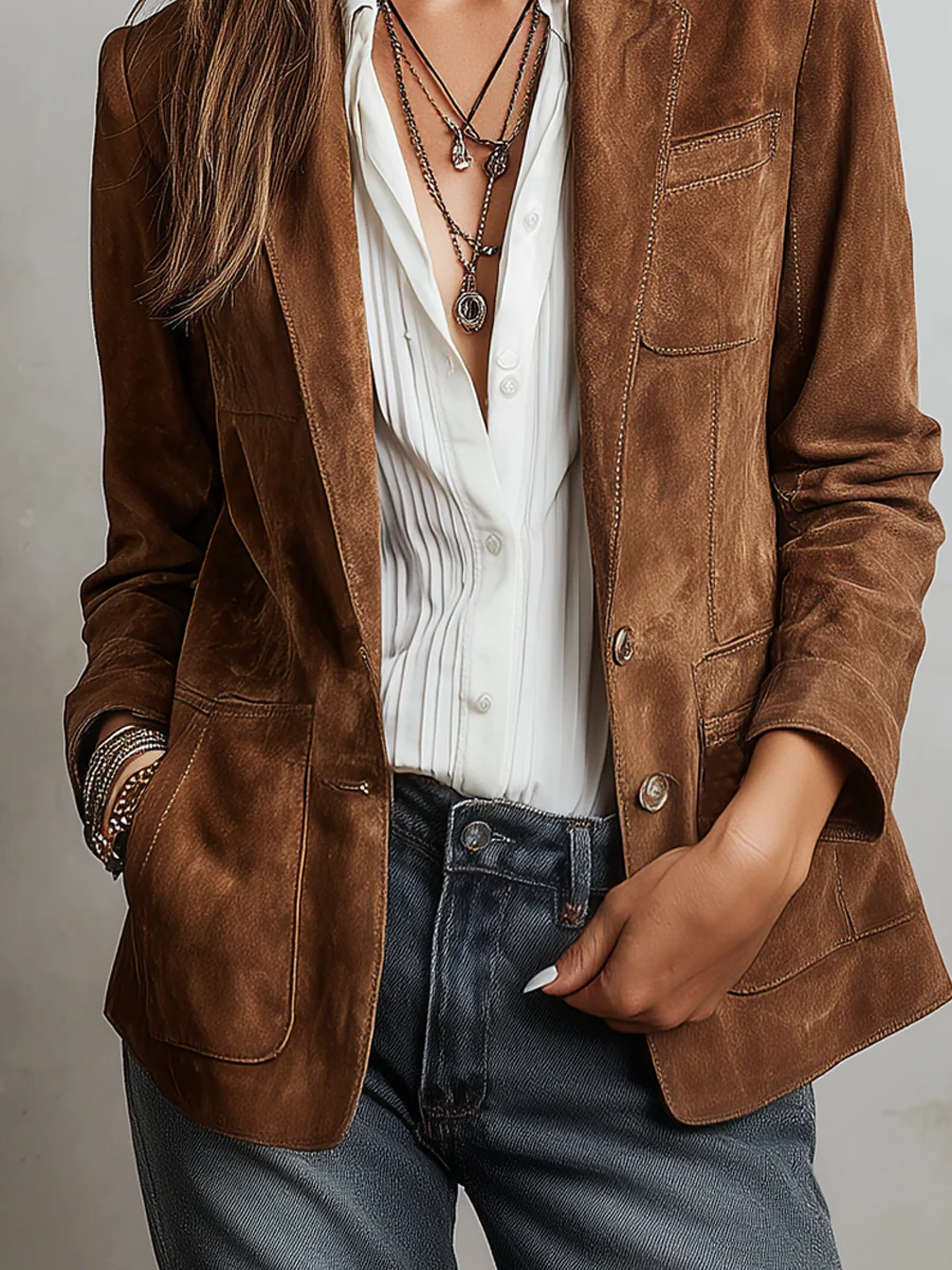 Ines Paris | Blazer femme marron vintage à surpiqûres contrastantes