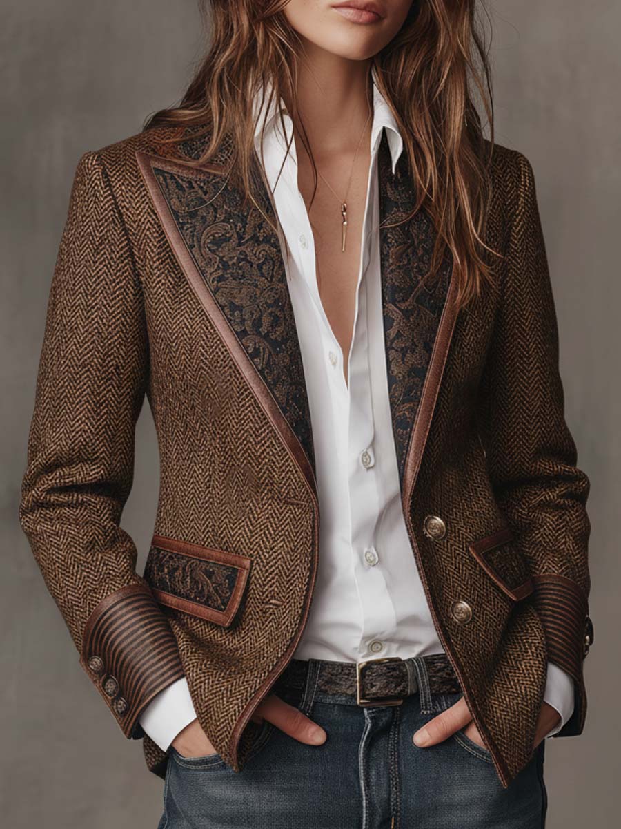 Ines Paris | Blazer femme chevrons à empiècements imprimés, coupe structurée