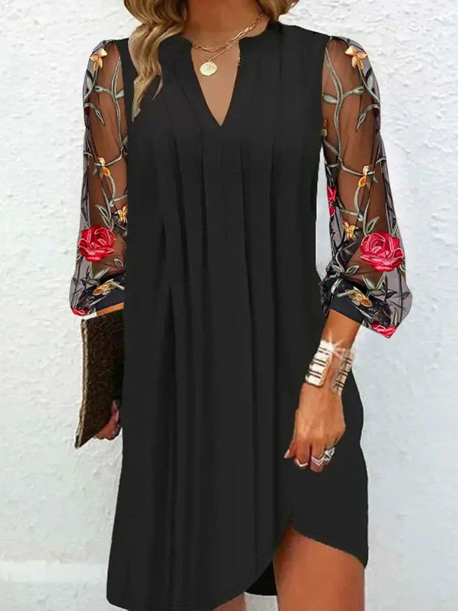 Ines Paris | Robe Noire Élégante Femme Manches en Tulle Brodé