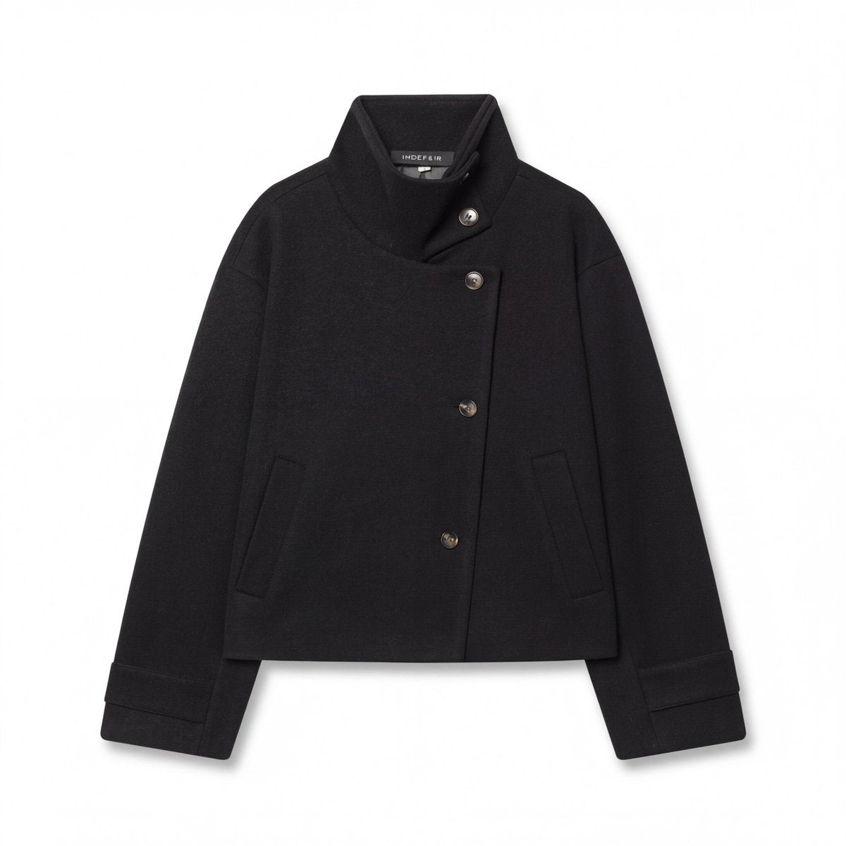 Adélaïde | Manteau Court Femme Toucher Laine à Col Montant et Boutonnage Asymétrique - Noir