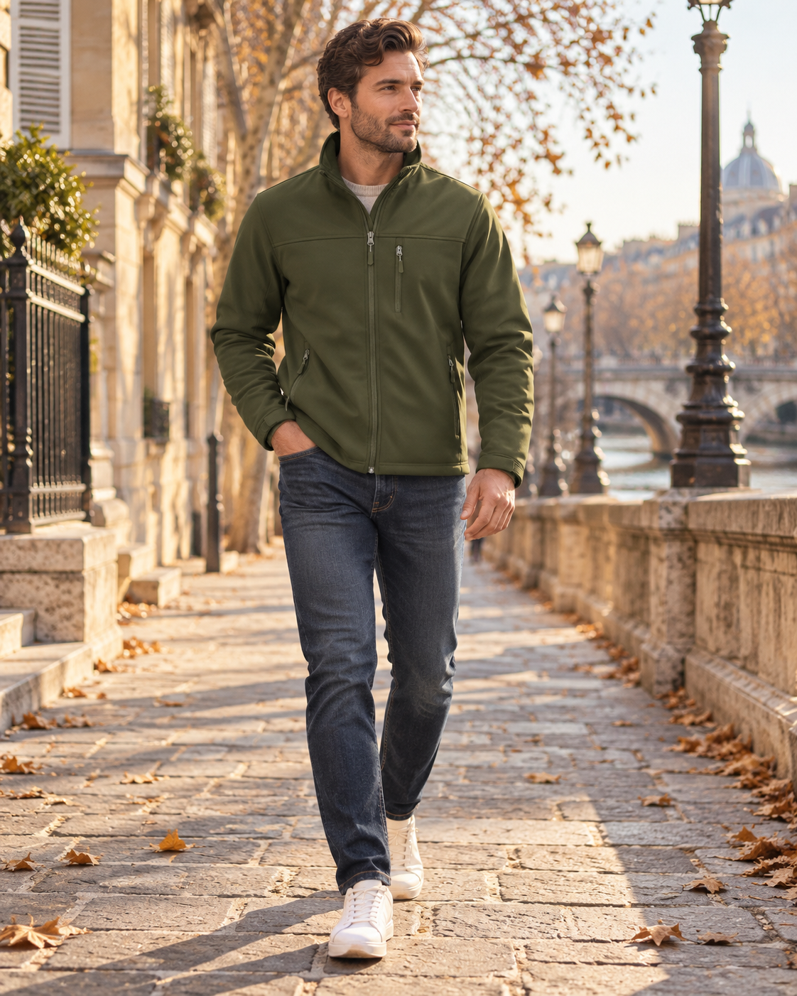 Aimé | Veste Softshell Homme Doublée Polaire, Coupe-Vent à Col Montant - Vert olive