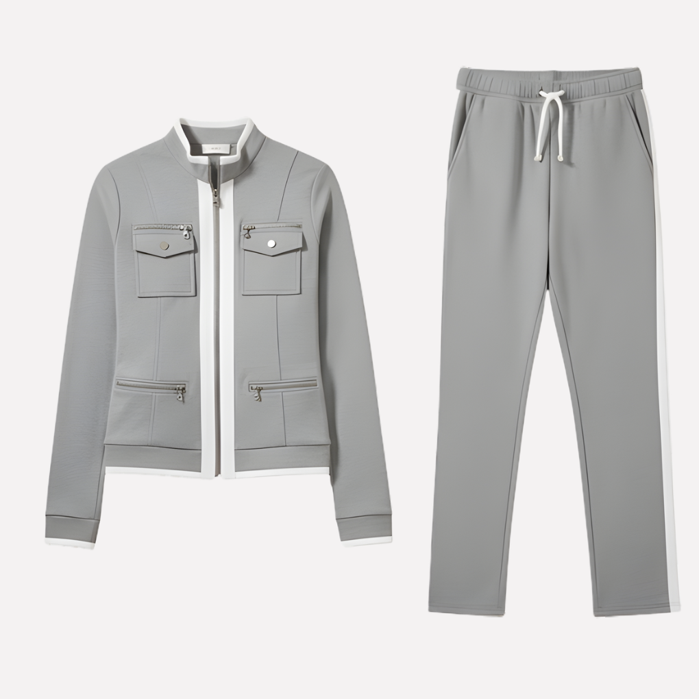 Albane | Ensemble Survêtement Femme Veste Zippée et Pantalon à Passepoils - Gris