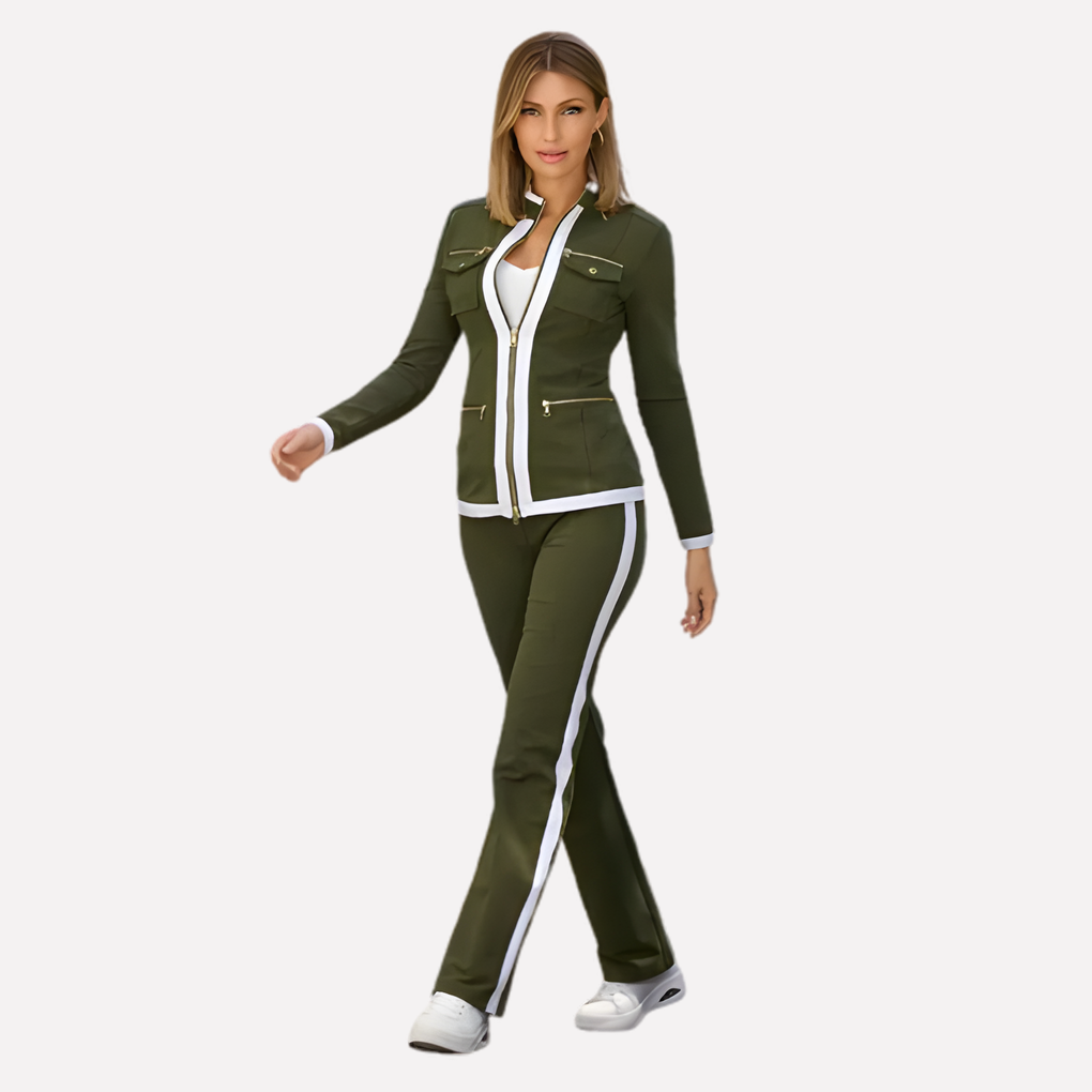 Albane | Ensemble Survêtement Femme Veste Zippée et Pantalon à Passepoils - Vert