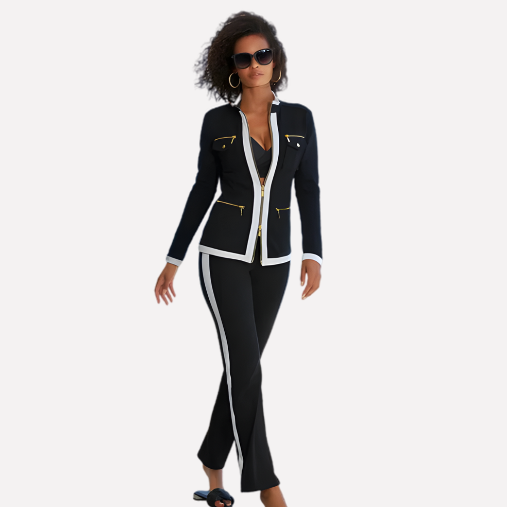 Albane | Ensemble Survêtement Femme Veste Zippée et Pantalon à Passepoils - Noir