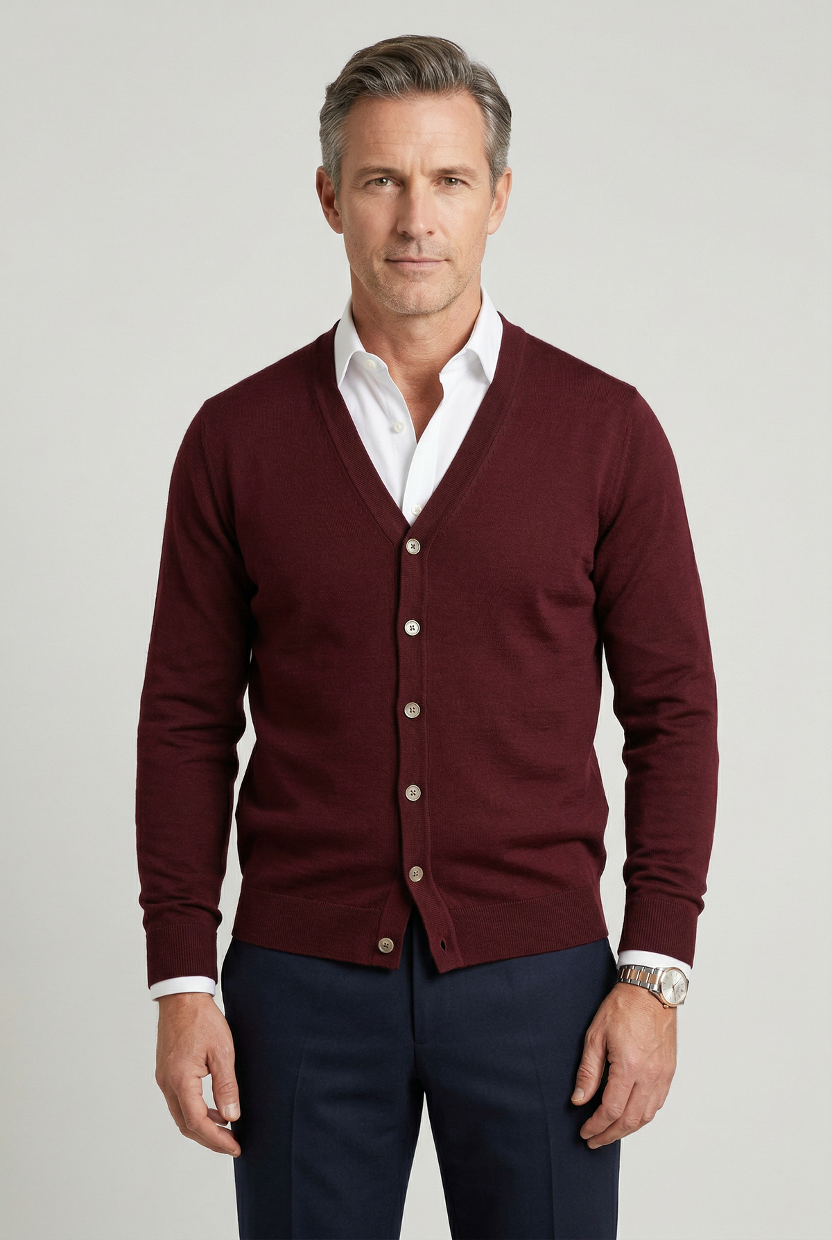 Alexandre | Gilet Homme Boutonné à Col V en Maille Fine et Bords Côtelés - Bordeaux
