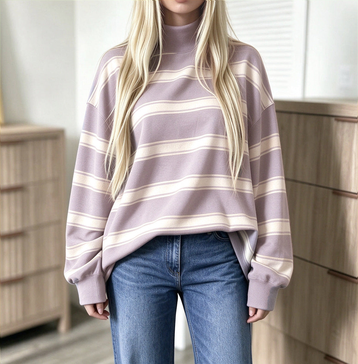 Alice | Sweat Femme Rayé Oversize à Col Montant - Lilas