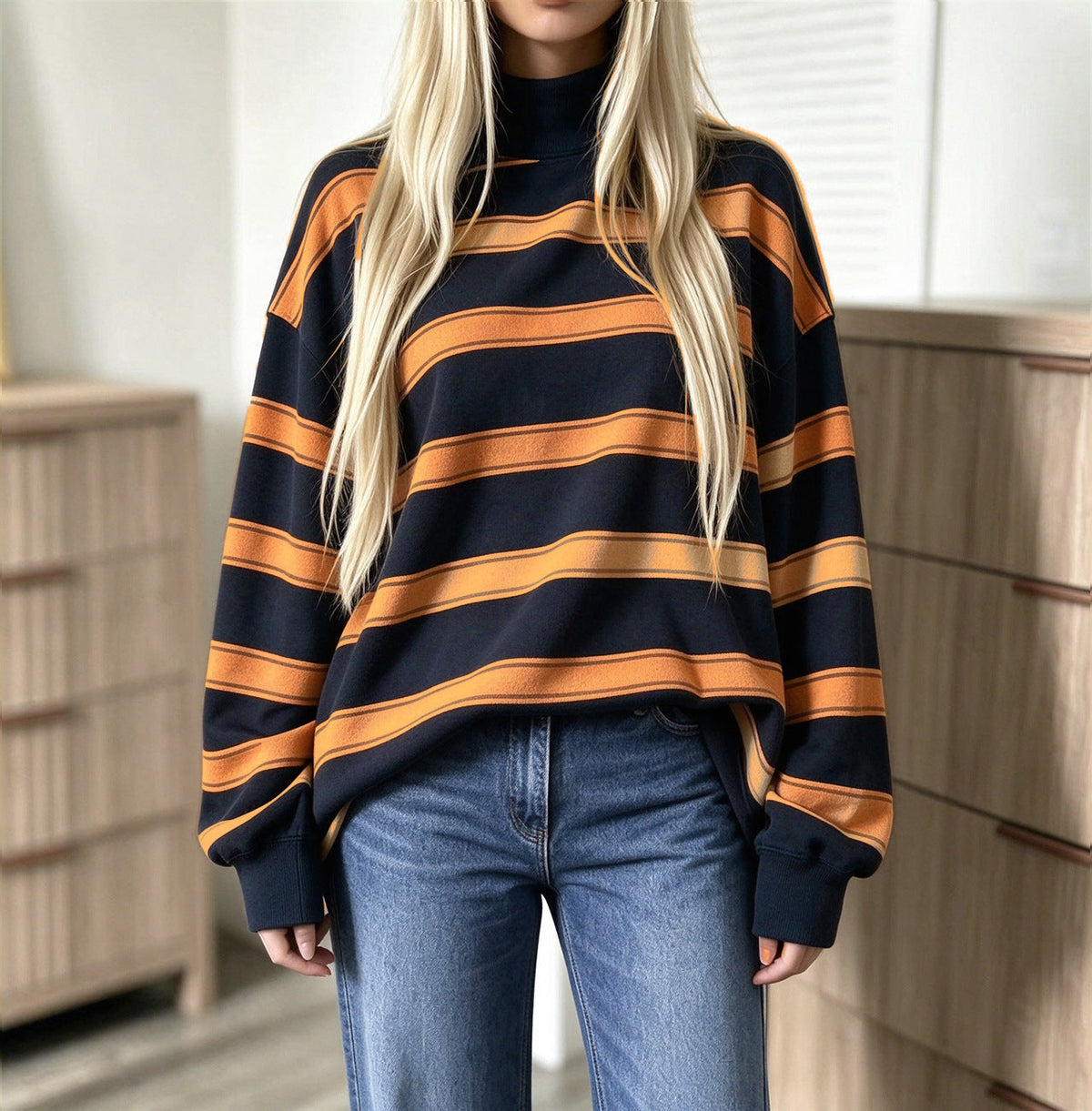 Alice | Sweat Femme Rayé Oversize à Col Montant - Marine et orange
