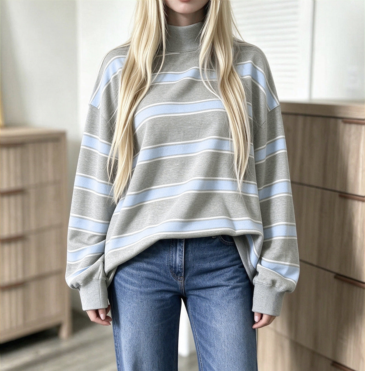 Alice | Sweat Femme Rayé Oversize à Col Montant - Gris