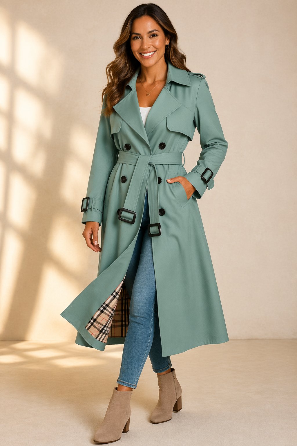 Aliénor | Trench Long Femme Croisé à Ceinture et Doublure Tartan - Vert sauge