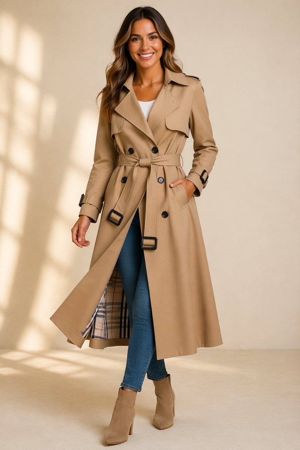 Aliénor | Trench Long Femme Croisé à Ceinture et Doublure Tartan - Beige