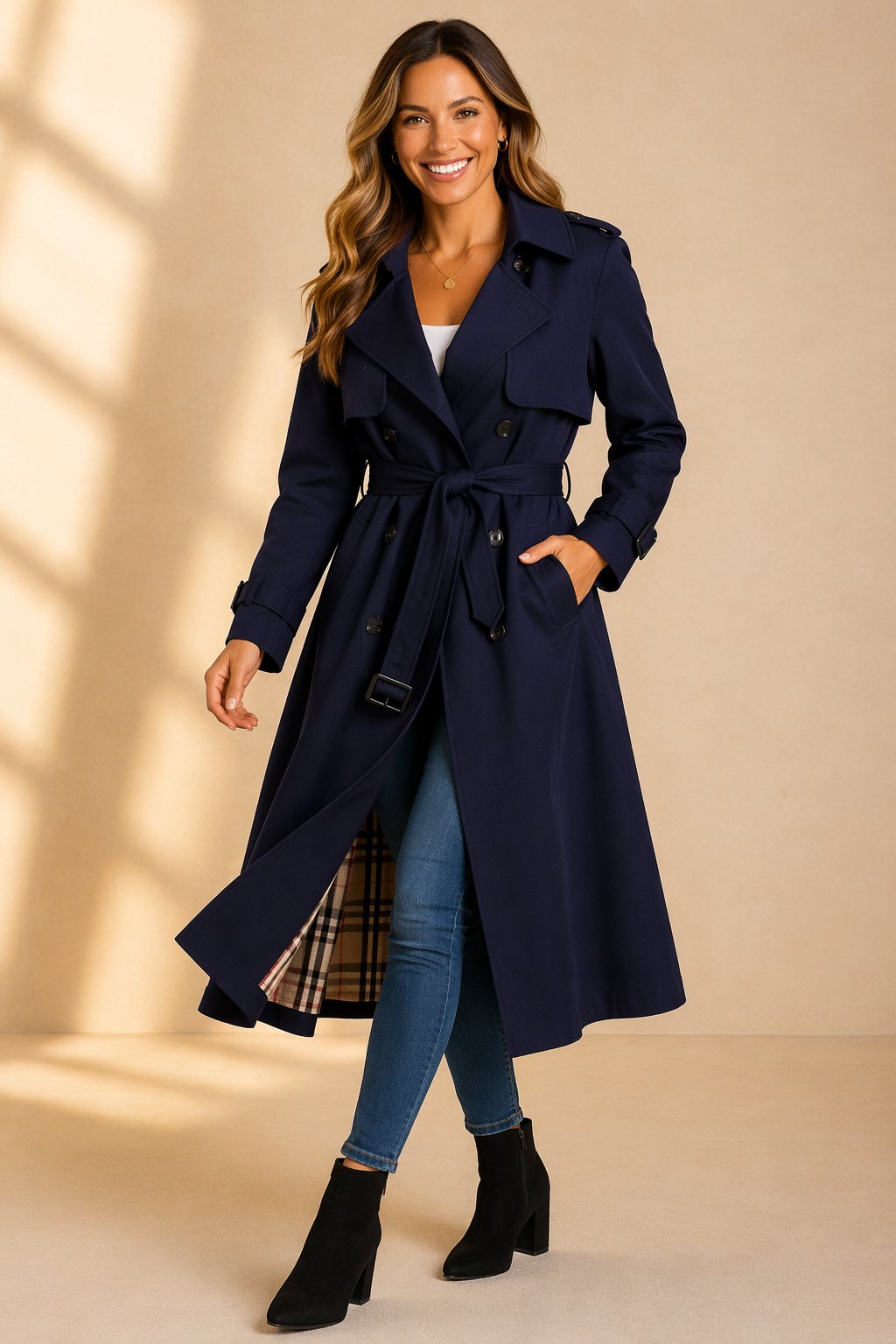 Aliénor | Trench Long Femme Croisé à Ceinture et Doublure Tartan - Bleu marine