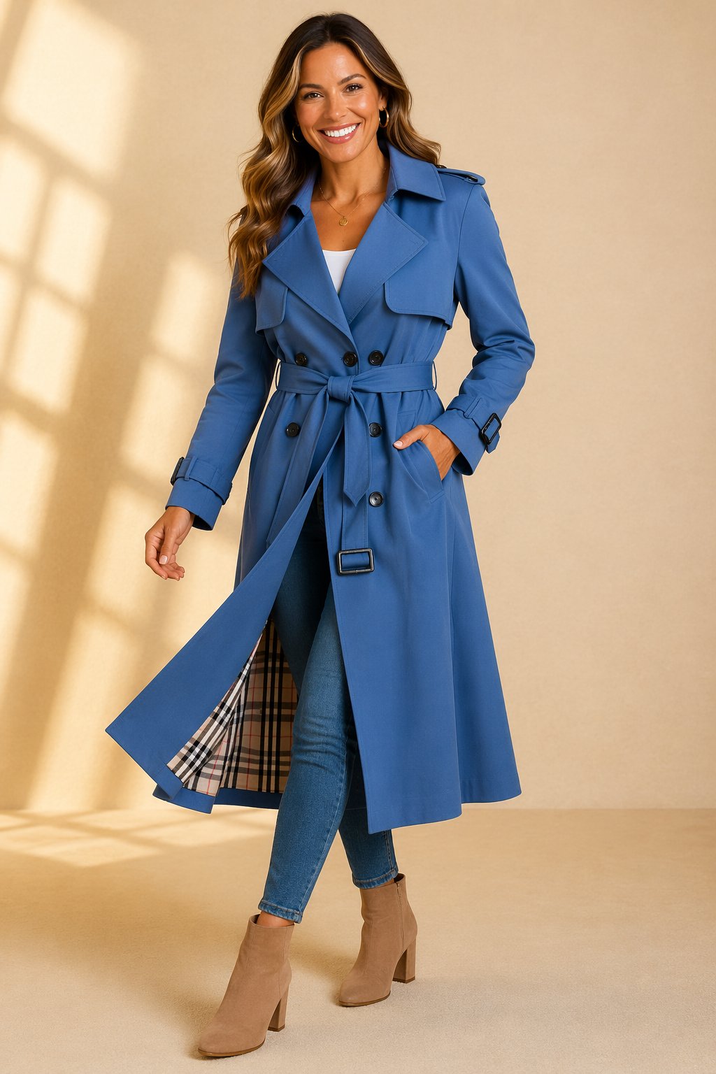 Aliénor | Trench Long Femme Croisé à Ceinture et Doublure Tartan - Bleu