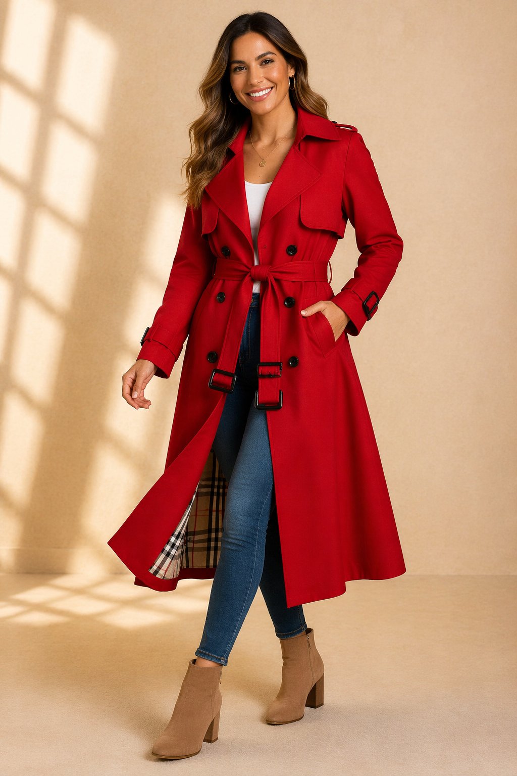Aliénor | Trench Long Femme Croisé à Ceinture et Doublure Tartan - Rouge