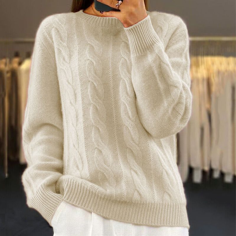 Alix | Pull Torsadé Femme Col Rond en Maille Douce Toucher Laine - Beige