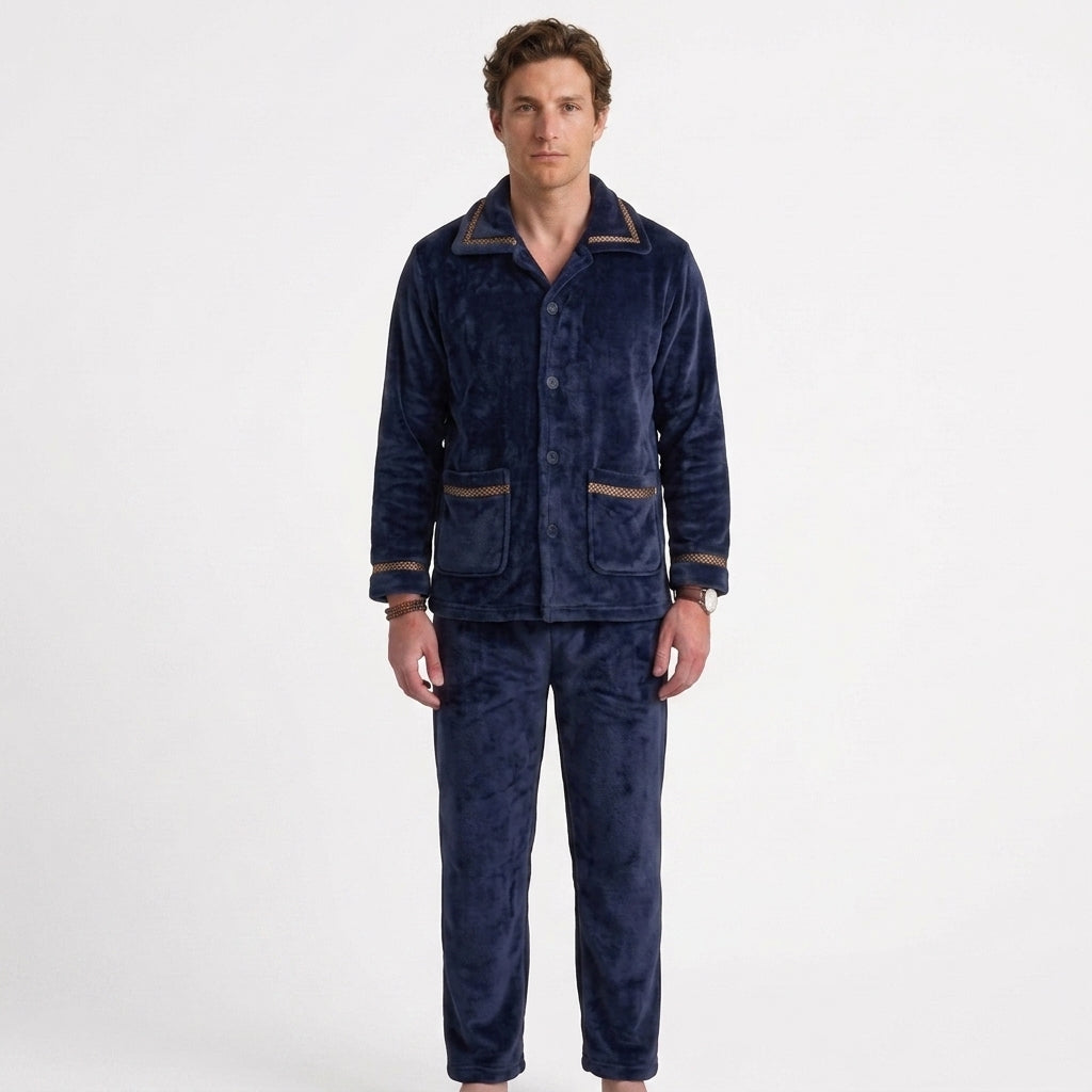 Alphonse | Pyjama Homme en Polaire Douce avec Veste Boutonnée et Pantalon - Bleu foncé