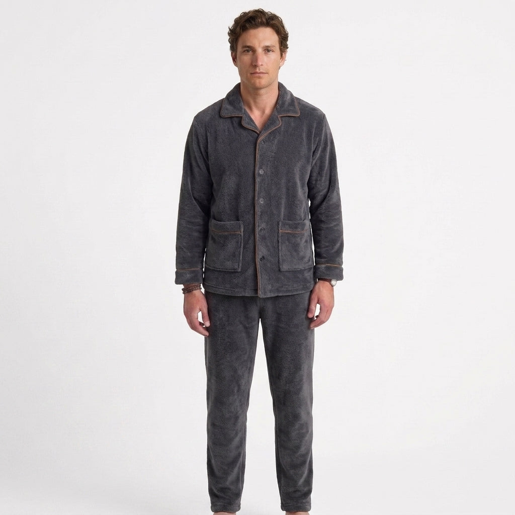 Alphonse | Pyjama Homme en Polaire Douce avec Veste Boutonnée et Pantalon - Gris foncé