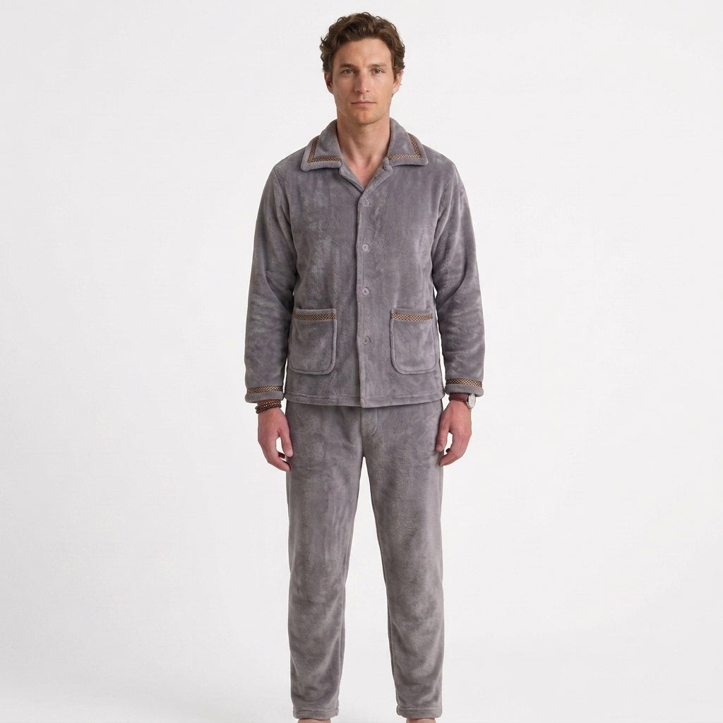 Alphonse | Pyjama Homme en Polaire Douce avec Veste Boutonnée et Pantalon - Gris clair